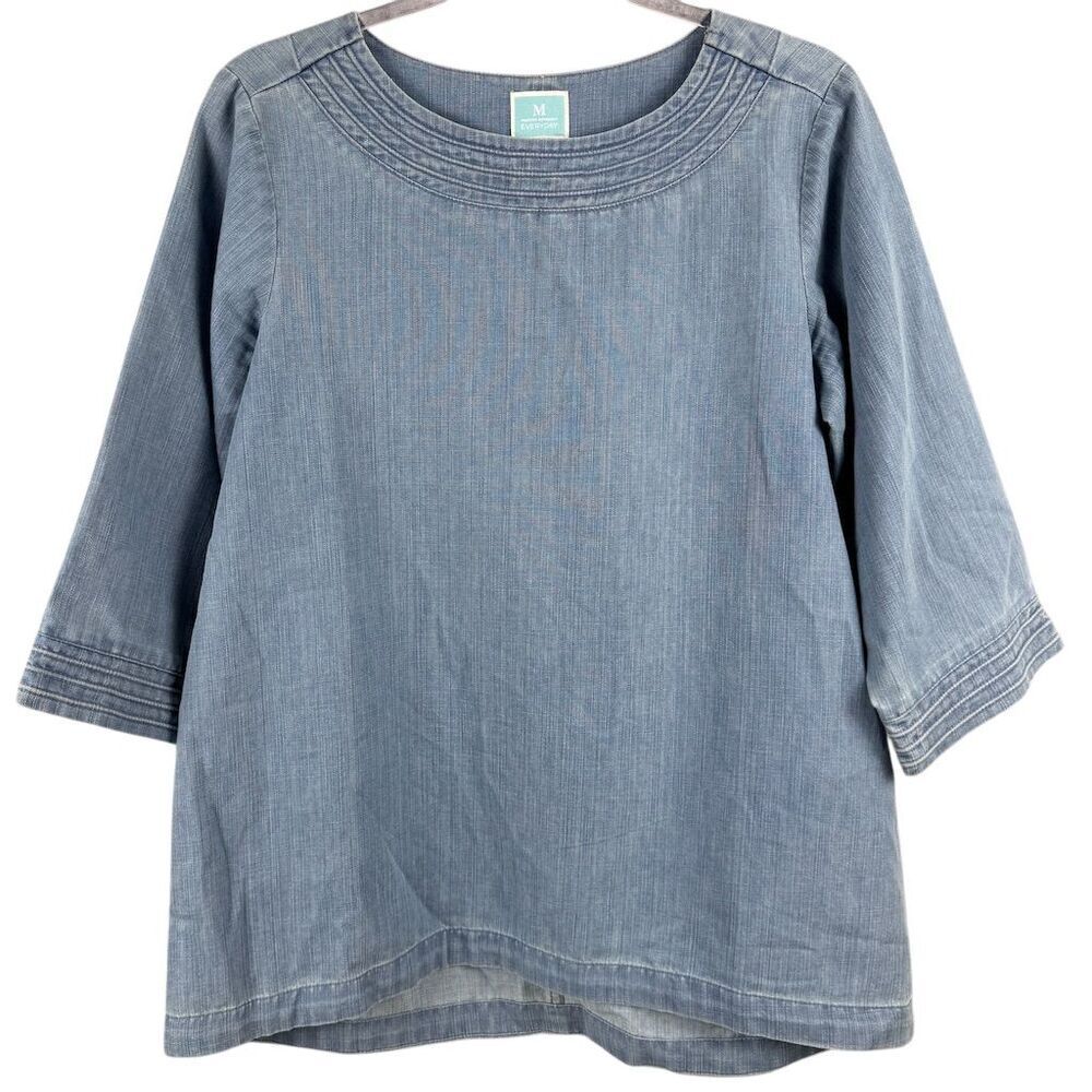 Martha Stewart Women's Blue Denim Tunic Blouse Size S 3/4 Sleeve Casual